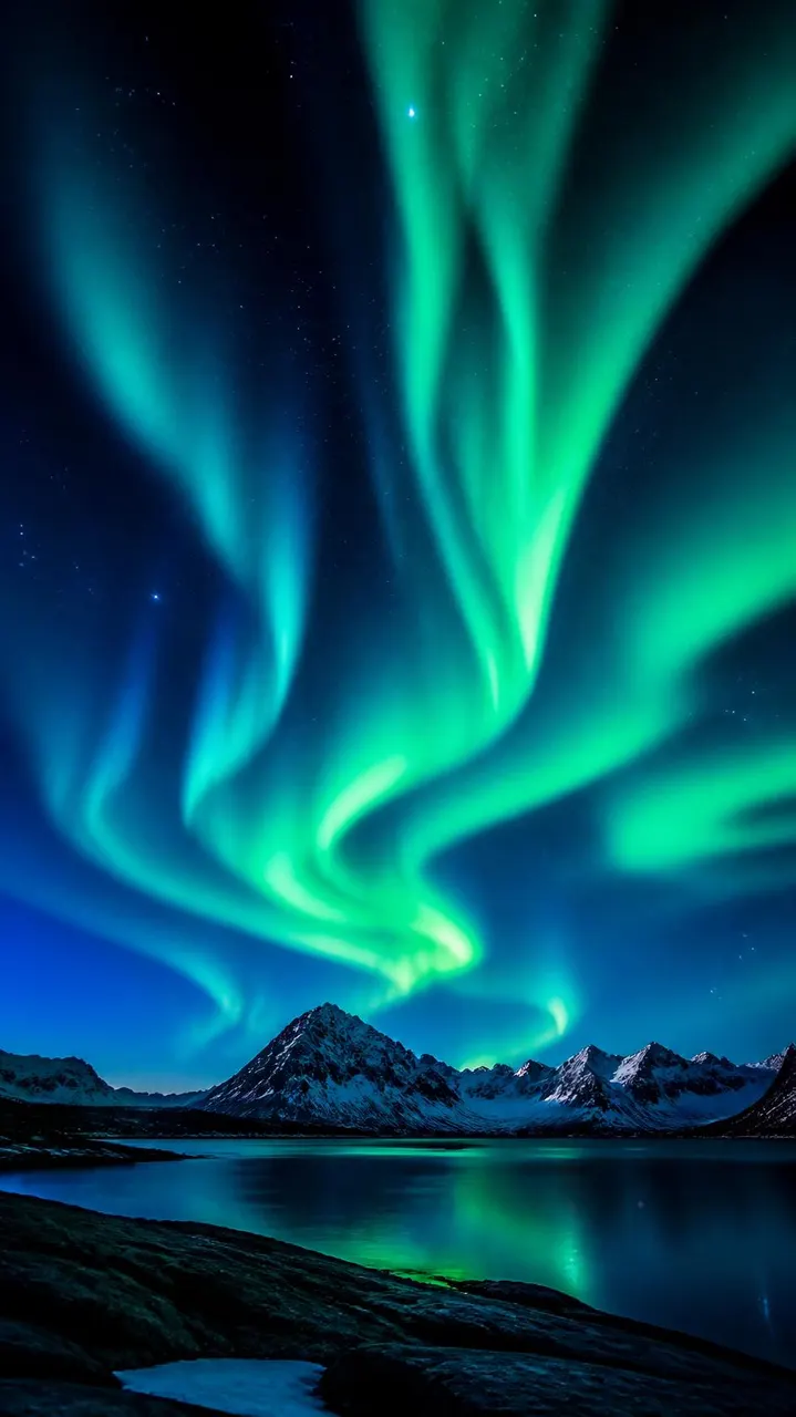 Aurora boreal em verde esmeralda e azul elétrico