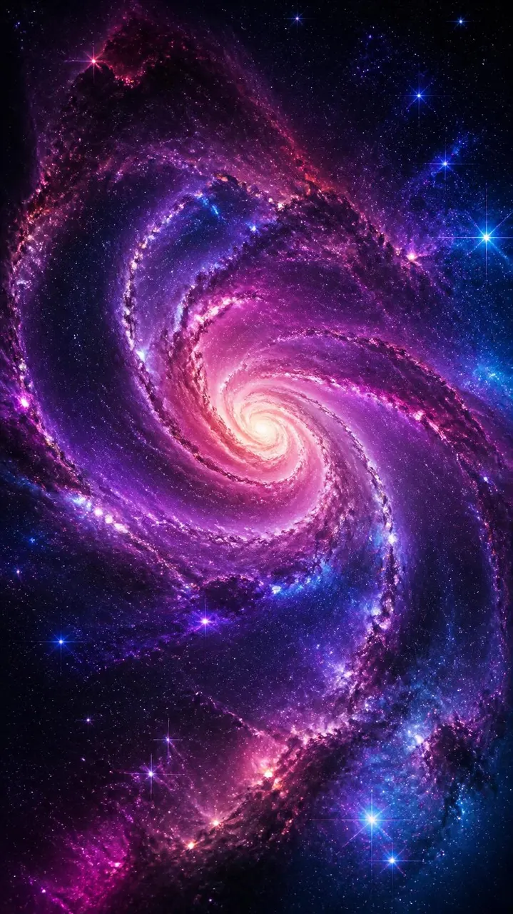 Galáxia espiral em roxo magenta e azul profundo