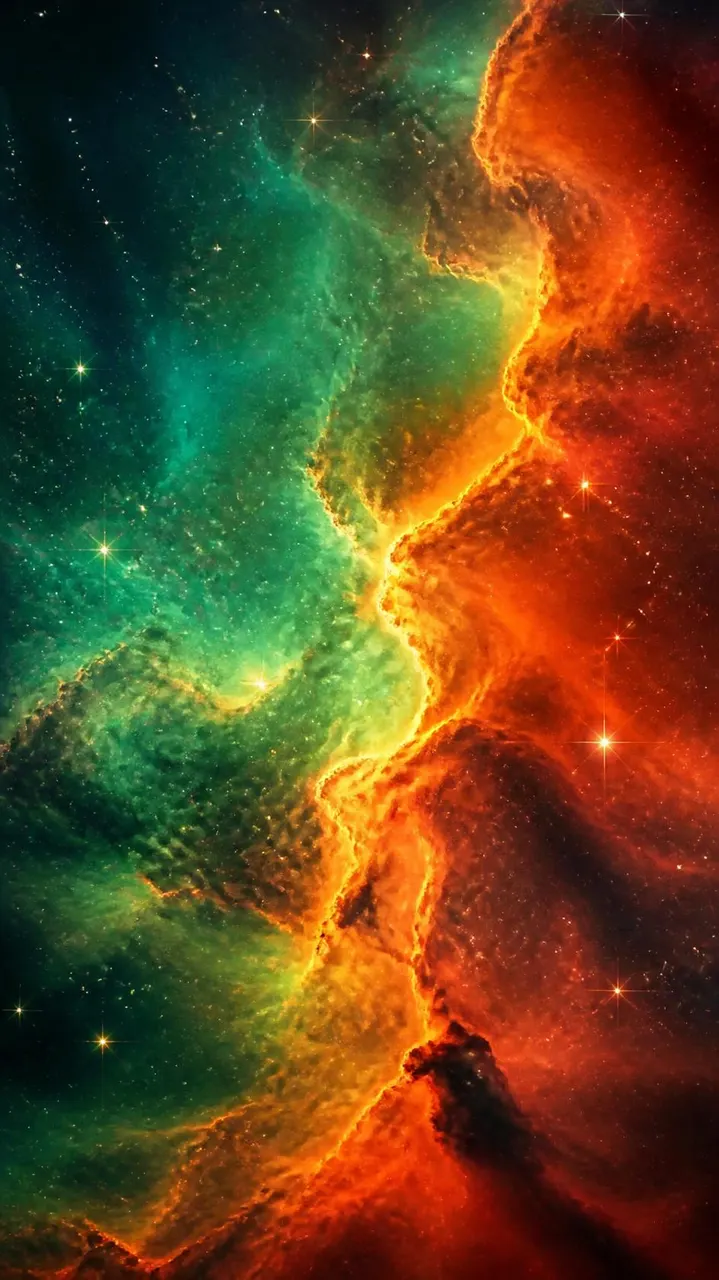 Nebulosa colorida espacial em verde esmeralda e laranja