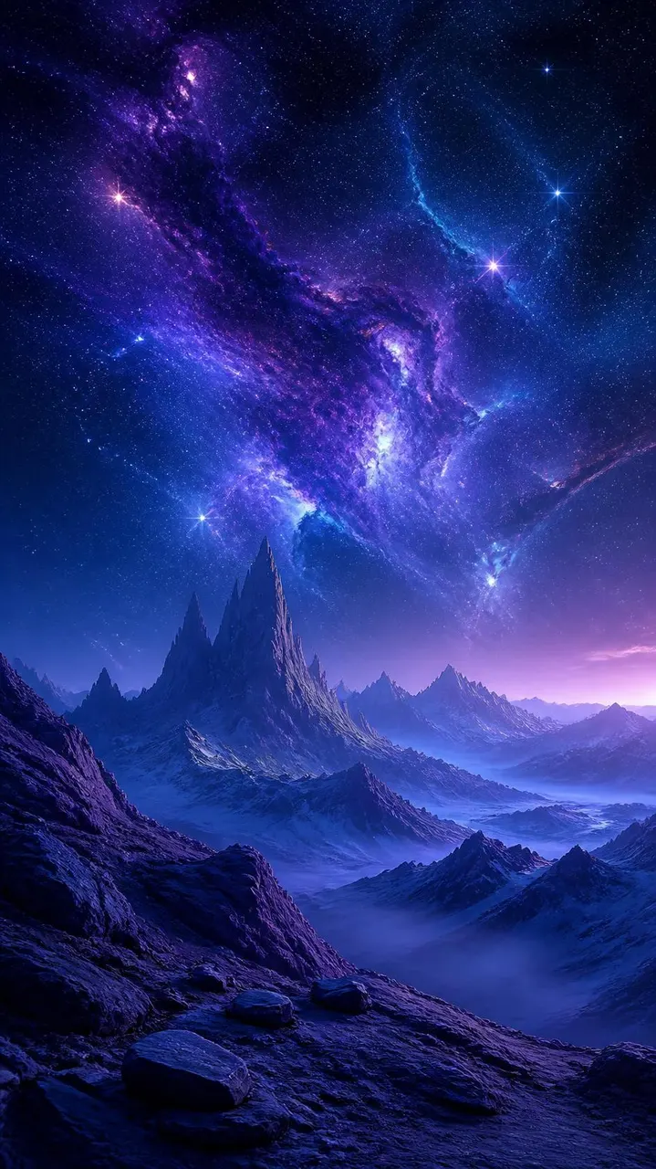 Paisagem futurista azul e roxo com céu estrelado — variação 1