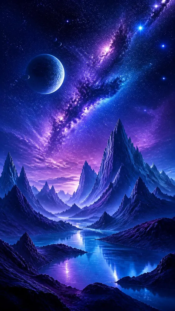 Paisagem futurista azul e roxo com céu estrelado — variação 2