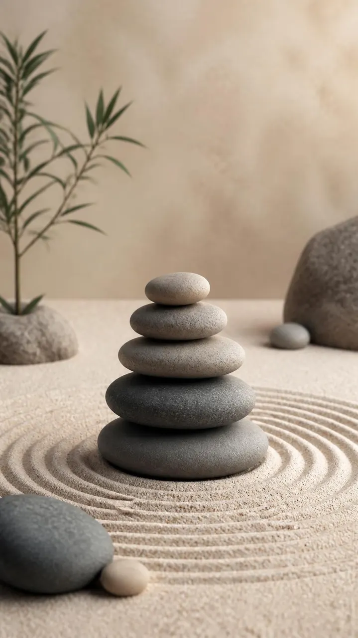 Jardim zen minimalista com pedras empilhadas e areia