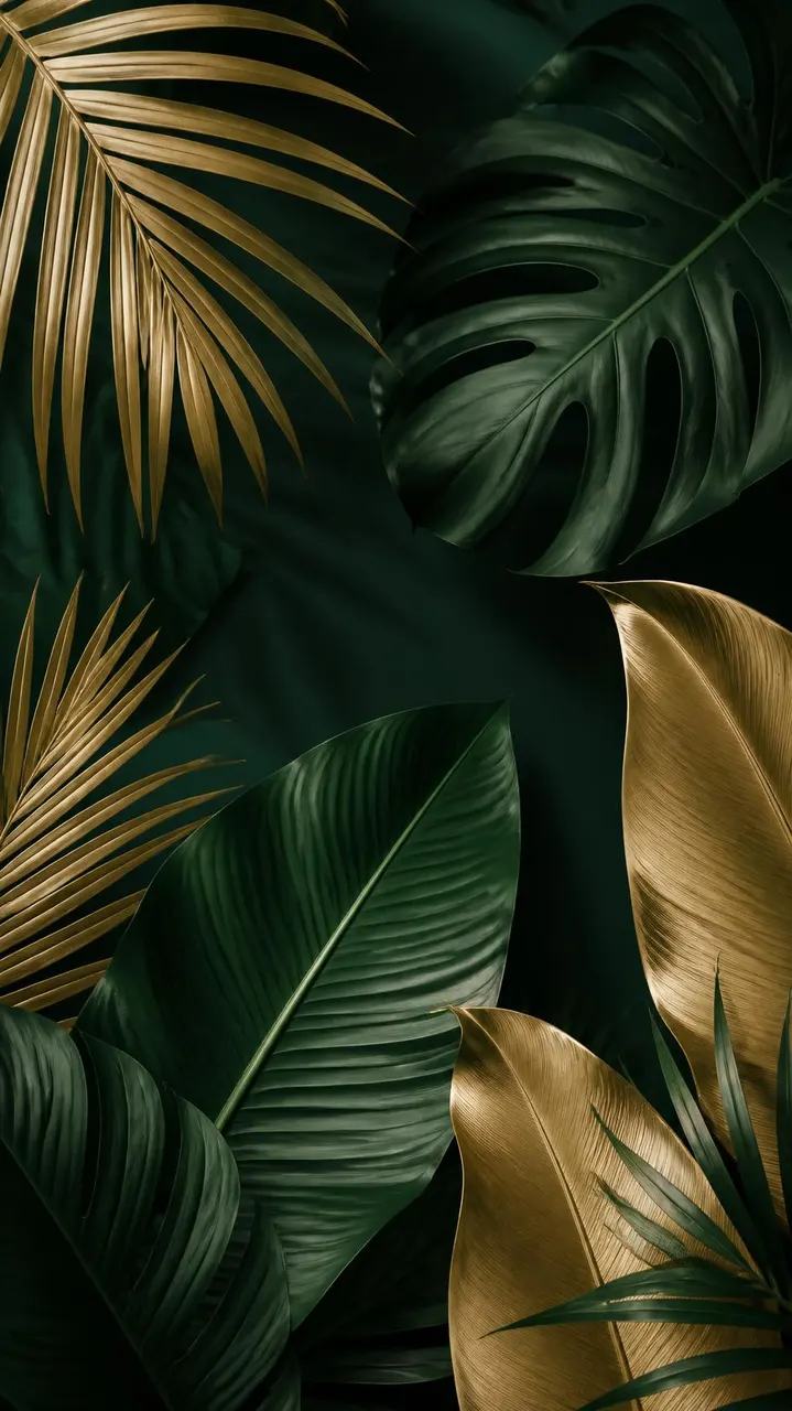 Folhas tropicais minimalistas em verde escuro e dourado