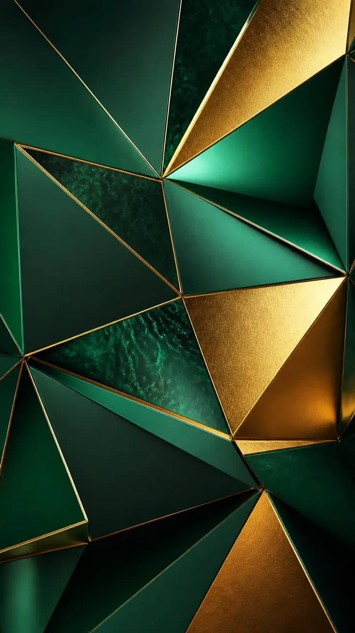 Design geométrico com formas triangulares em verde e dourado