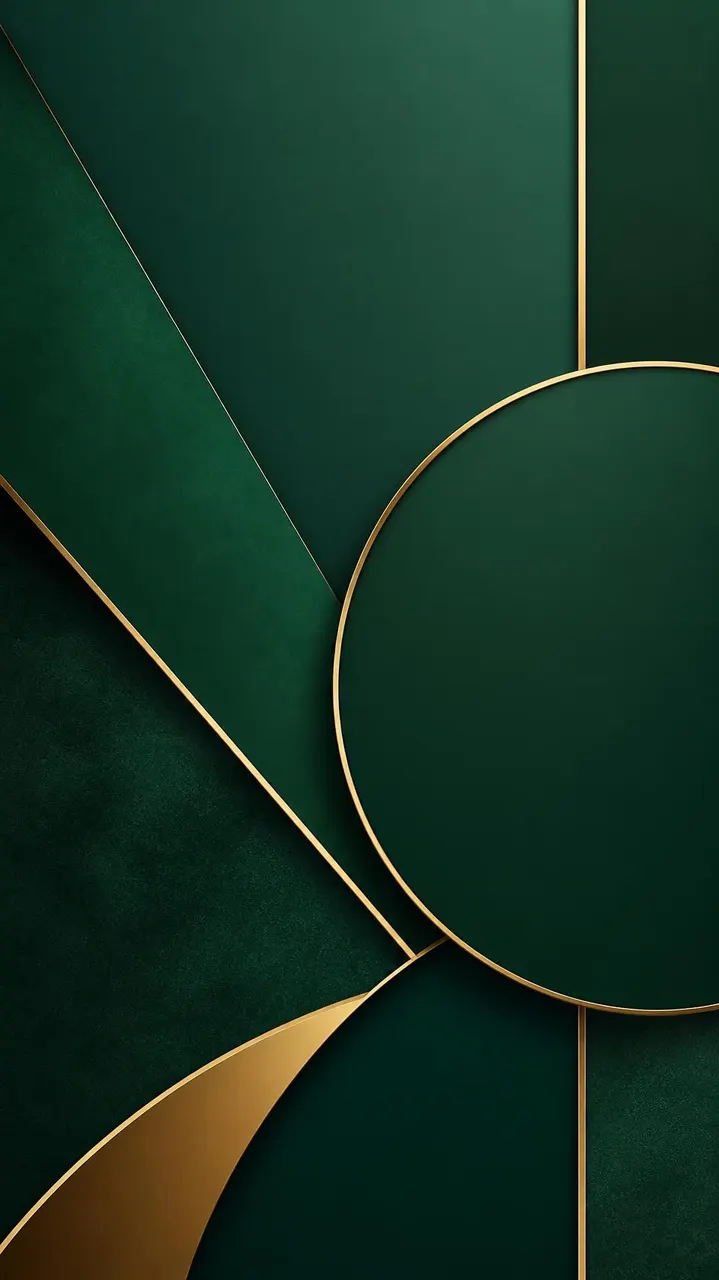Design geométrico minimalista em verde esmeralda e dourado
