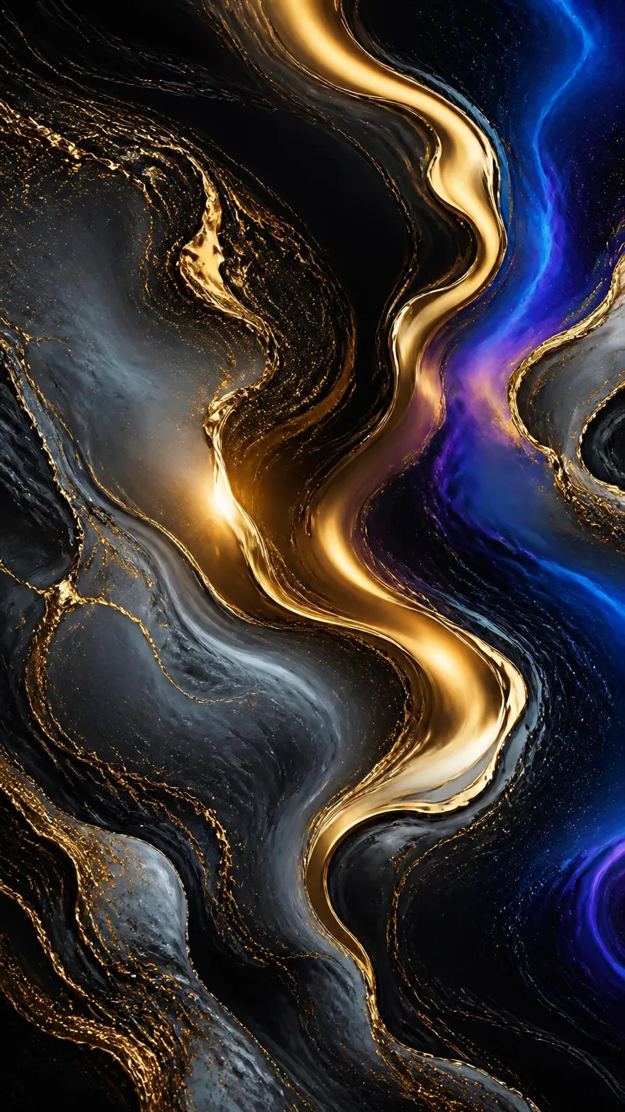 Papel de parede premium com ondas de mármore preto e dourado exibido em um celular
