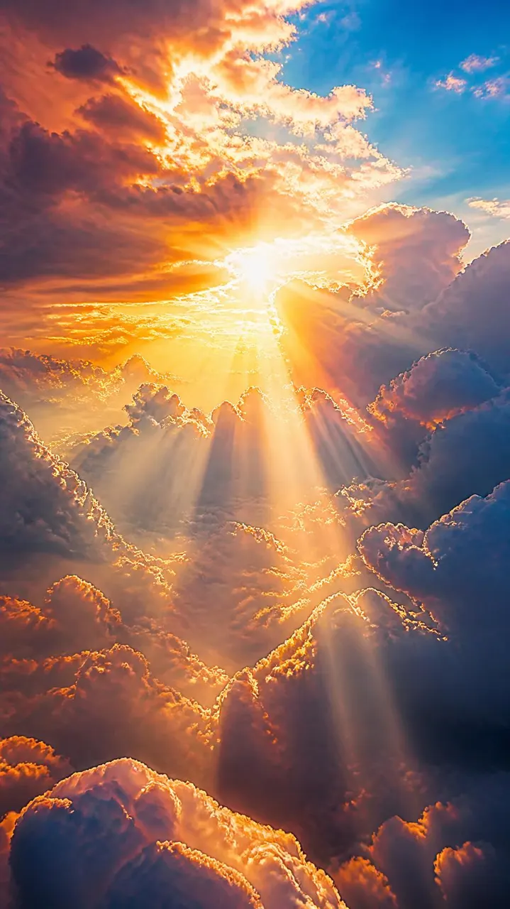 Raios de luz dourada atravessando nuvens dramáticas